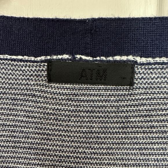 ATM Open Cardigan Silk Cashmere Blend Navy Blue Striped Lightweight Nautical M - Picture 4 of 9